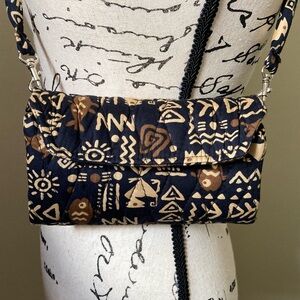 Crossbody small stylish Stashe purse/bag, black/brown & tan, Egyptian pattern